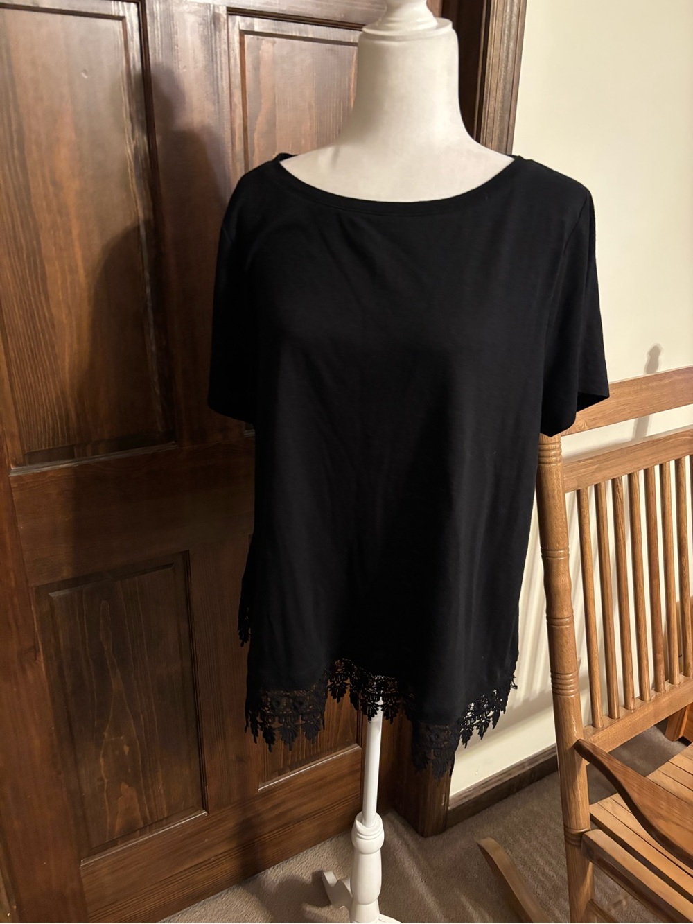Talbots Black Short Sleeve Top with Lace Hem